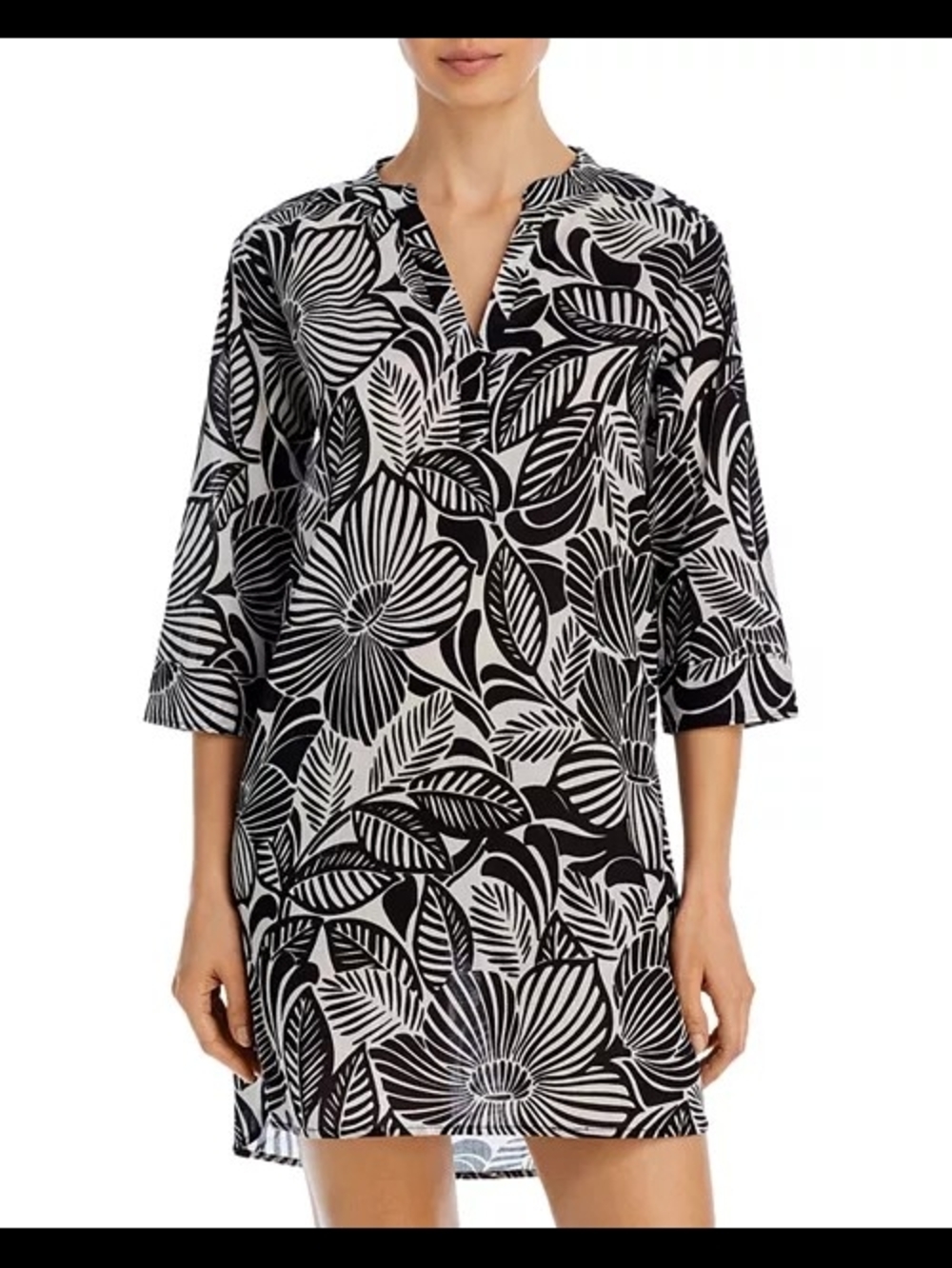 Echo Woodcut Floral Tunic Swim Cover Up V-neck Black White 100% Cotton Size L